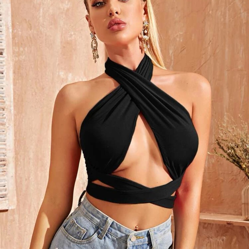 Open Front Criss Cross Halterneck Top